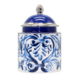 Blue and white ceramic lidded jar with hand-painted scroll design.