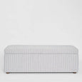 Newport Storage Ottoman upholstered in white and blue pin stripe fabric with timber feet
