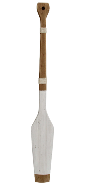 Rustic white decorative wooden oar made from reclaimed wood styled in a coastal Hamptons-style interior