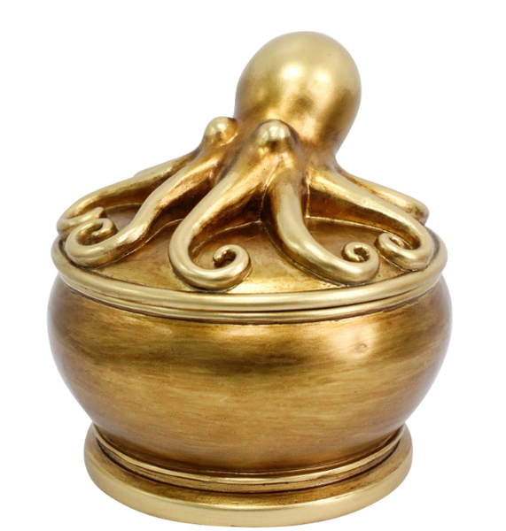 Gold octopus-shaped decorative box with removable lid, featuring a sculpted octopus design atop a round resin container.