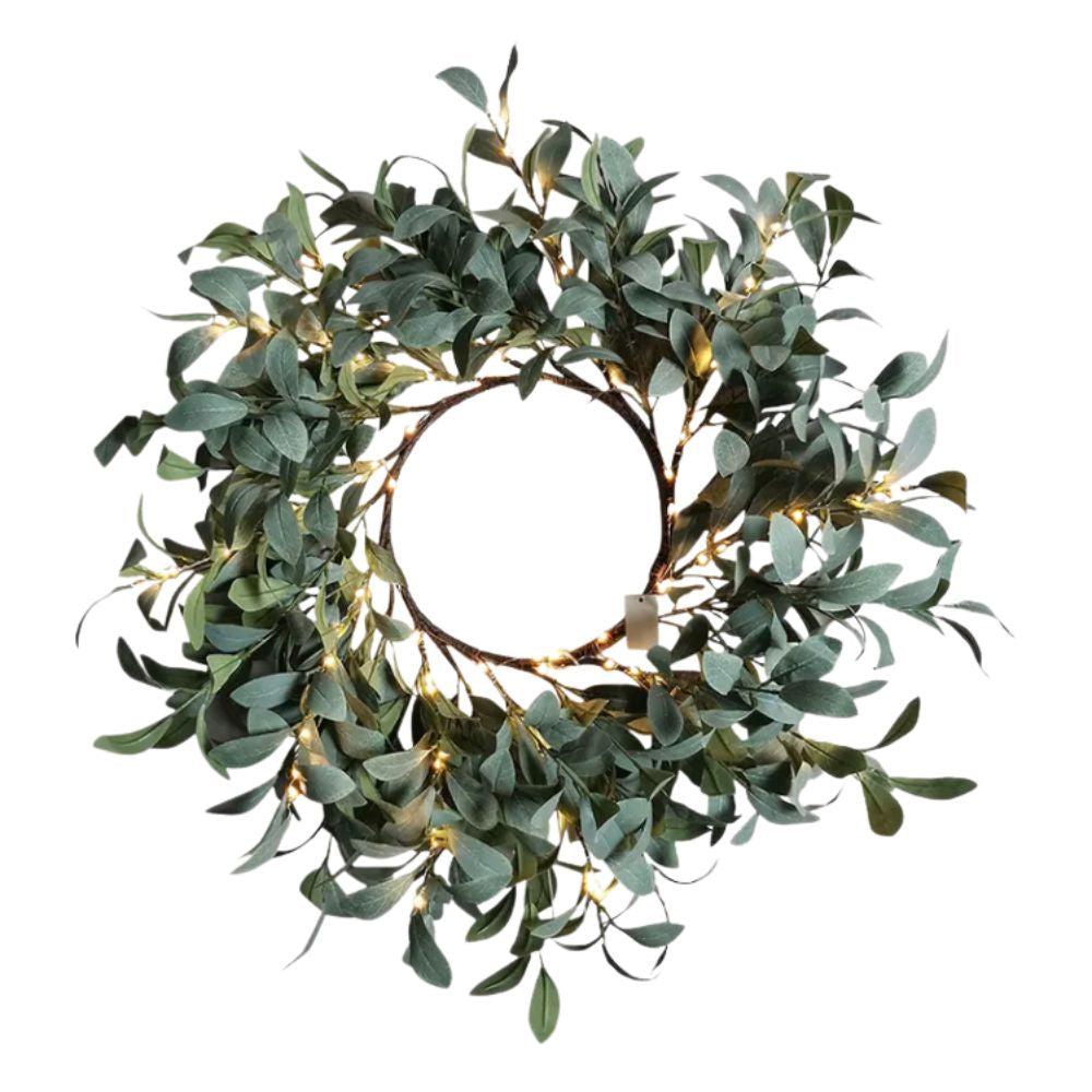 Large illuminated olive wreath with warm LED lights.