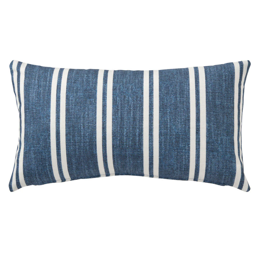 Outdoor navy and white striped cushion in a square 50x30cm size, designed for coastal alfresco styling.