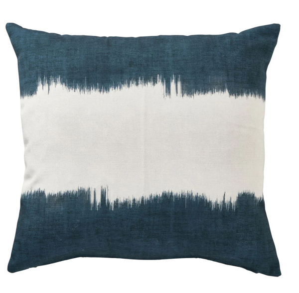 Outdoor navy and white cushion with a driftwood-inspired horizontal pattern, 50x50cm coastal style.
