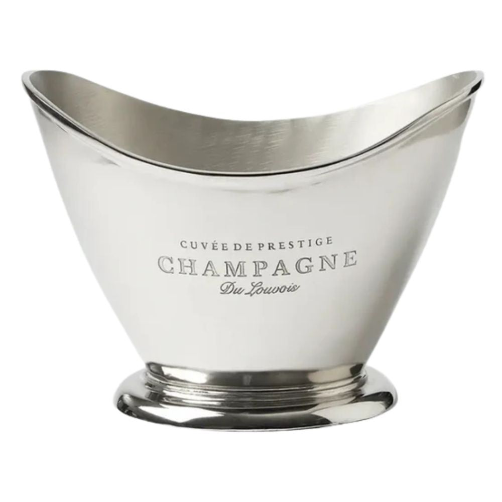 Polished silver oval champagne bucket with scoop front and engraved French motif, ideal for elegant entertaining and wine chilling.