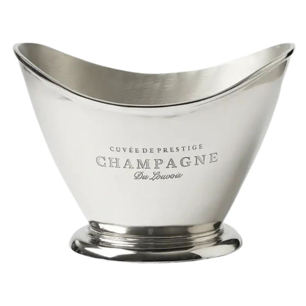 Polished silver oval champagne bucket with scoop front and engraved French motif, ideal for elegant entertaining and wine chilling.
