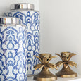 blue and white ceramic tall templar jar with silver lid