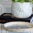 Vintage Blue Floral Decorative Plate 23.5cm with distressed rim and blue floral ceramic design sitting with the eliza pot 