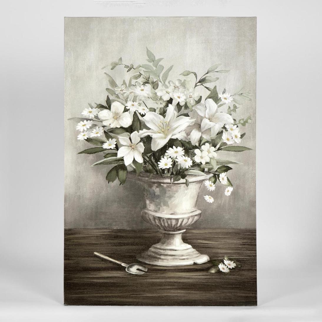 Lillies And Daisies Wall Art showing white lilies and daisies in a stone urn on a dark timber table