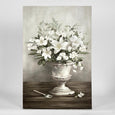 Lillies And Daisies Wall Art showing white lilies and daisies in a stone urn on a dark timber table