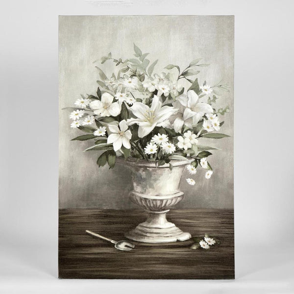 Lillies And Daisies Wall Art showing white lilies and daisies in a stone urn on a dark timber table