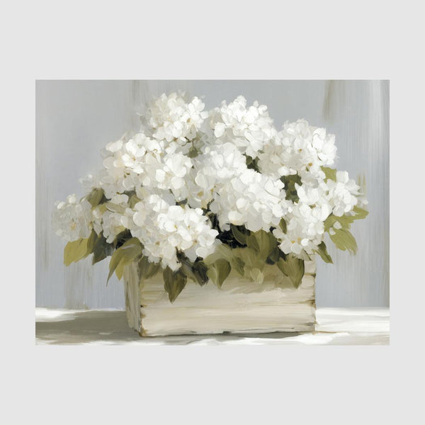 Arpere Crate of Hydrangeas Wall Art with white hydrangeas in a timber crate on a soft grey background