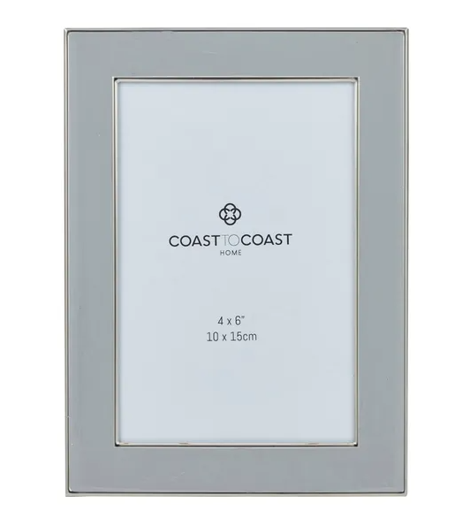 Grey metal photo frame designed to hold a 4x6 inch photograph
