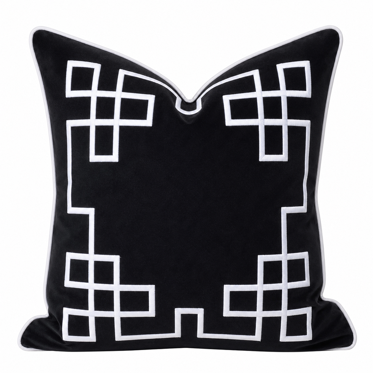 Palm Springs vintage black velvet cushion cover with white embroidered border pattern