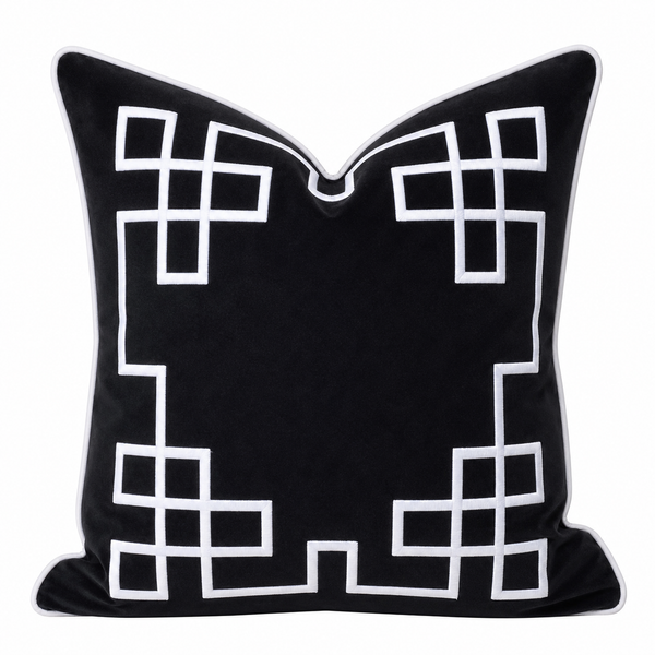 Palm Springs vintage black velvet cushion cover with white embroidered border pattern
