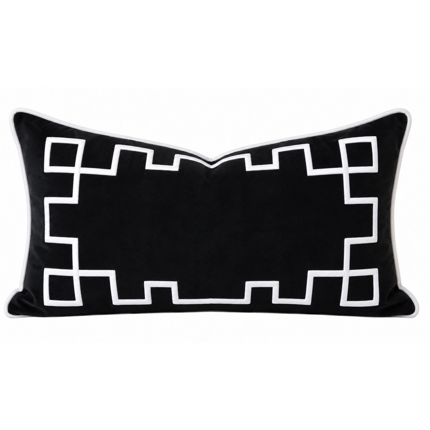 Palm Springs vintage black velvet rectangle cushion cover with white embroidered border pattern