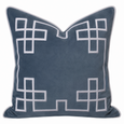 Palm Springs vintage blue velvet cushion cover with white embroidered border pattern
