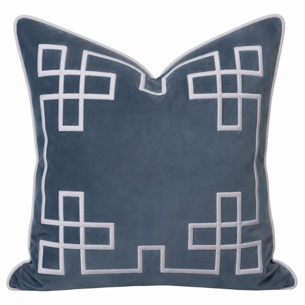 Palm Springs vintage blue velvet cushion cover with white embroidered border pattern