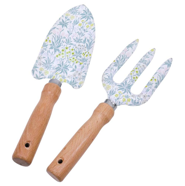 Palmier floral garden tool set with wooden handles and steel trowel and fork