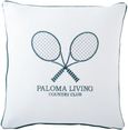 Paloma Tennis Club Cushion 50cm in white cotton with embroidered crossed tennis racquets, Paloma Living Country Club logo, and contrast piping.