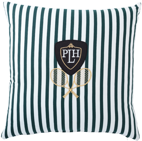 Paloma Tennis Stripes Cushion 55cm in green-and-white cotton stripes with embroidered tennis racquets and PLH crest motif.