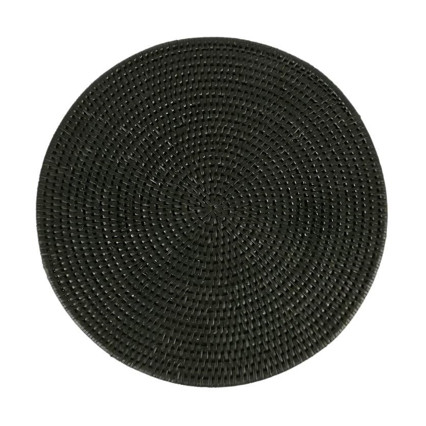 Black round rattan placemat with tight woven texture, 33cm diameter