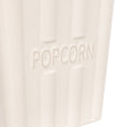 Large off white stoneware popcorn bowl with fluted sides and embossed popcorn lettering