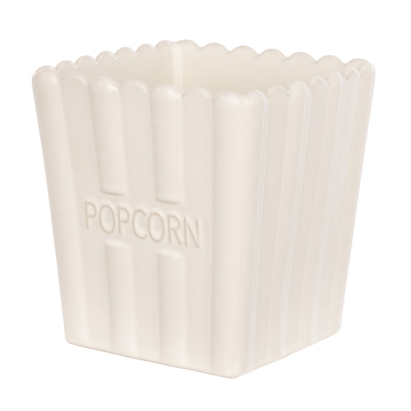 Large off white stoneware popcorn bowl with fluted sides and embossed popcorn lettering