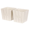 Set of two off white stoneware popcorn bowls with fluted sides and embossed popcorn lettering
