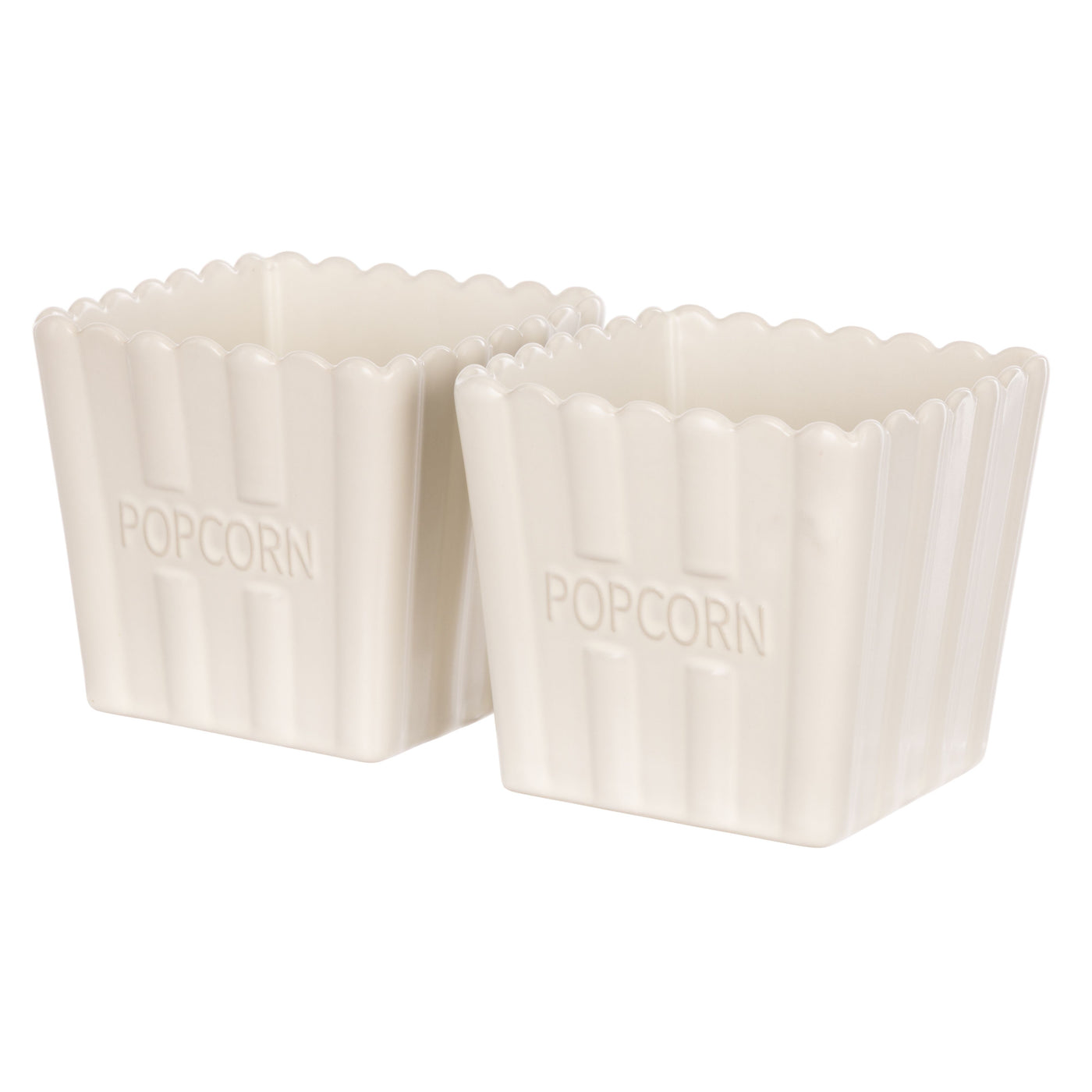 Set of two off white stoneware popcorn bowls with fluted sides and embossed popcorn lettering