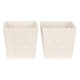 Set of two off white stoneware popcorn bowls with fluted sides and embossed popcorn lettering
