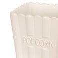 Set of two off white stoneware popcorn bowls with fluted sides and embossed popcorn lettering