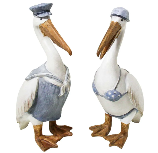 Coastal pelican figurines set of two in nautical blue and white resin