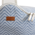 Blue and white chevron picnic cooler bag with zip closure and white handles, designed for keeping food and drinks cool.