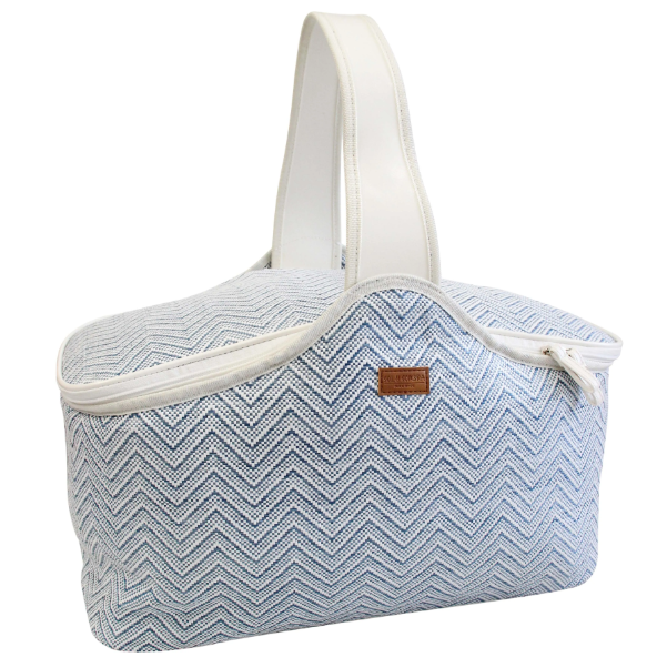 Blue and white chevron picnic cooler bag with zip closure and white handles, designed for keeping food and drinks cool.