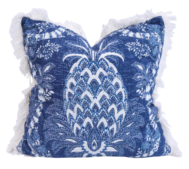 Navy blue and white pineapple-patterned cushion with white fringe edges and cotton texture, featuring a polyester insert.