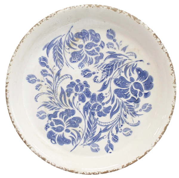 Ceramic plate with classic blue floral design on white base and distressed rim, 23.5cm.