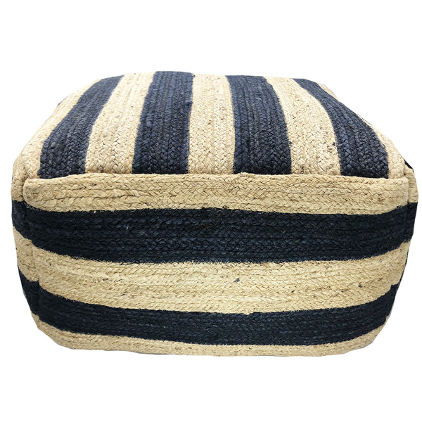 Porta ottoman handwoven in navy blue and natural wool and jute with bold striped design