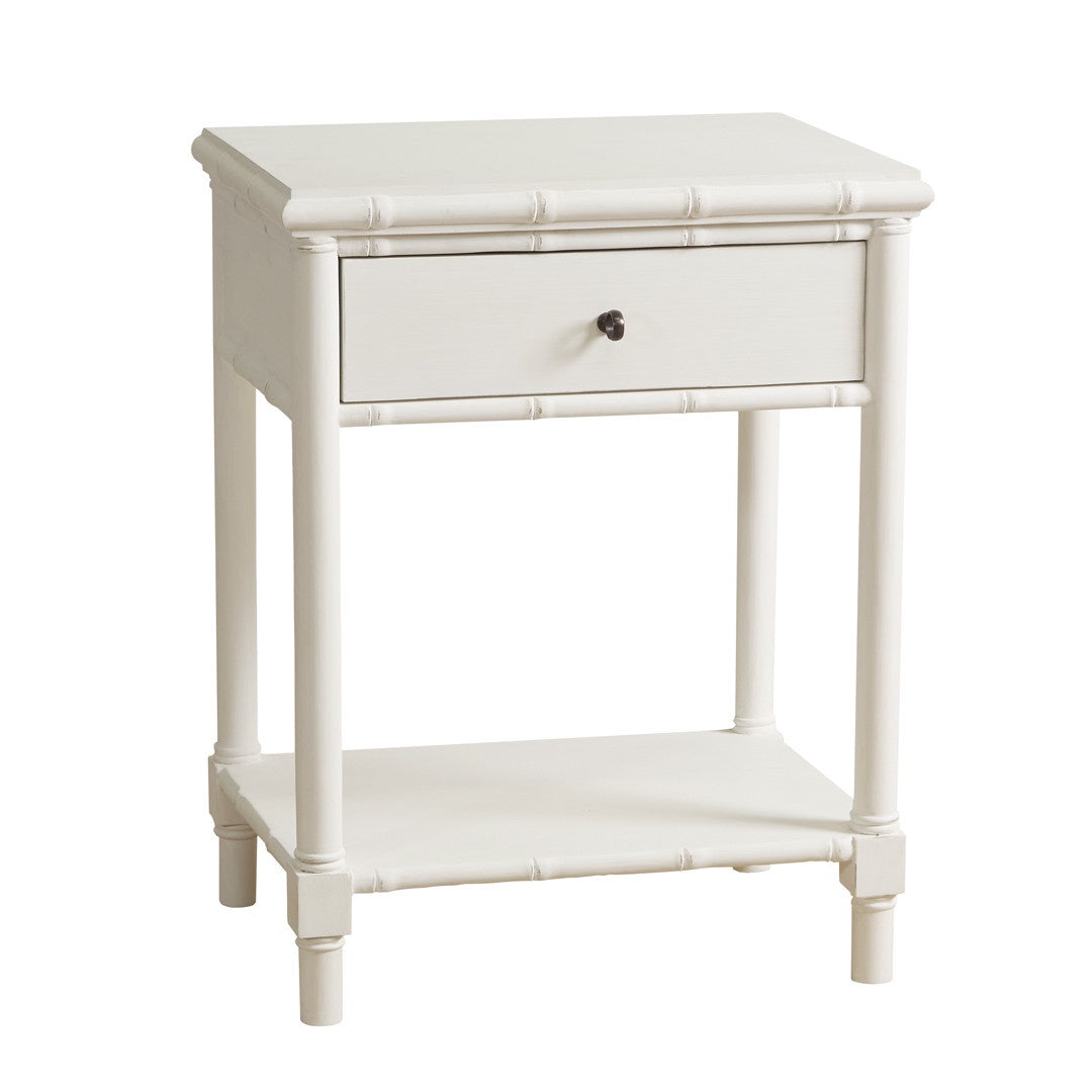 Portico bedside table in off-white with bamboo-style detailing, drawer and lower shelf
