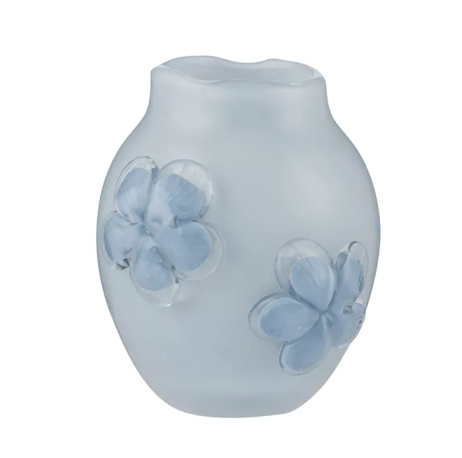 Posey glass vase in ice blue with raised floral detailing and frosted finish, 13x16cm