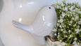 Small white ceramic pot sitter bird with sand-toned belly perched on the rim of a decorative pot filled with greenery.