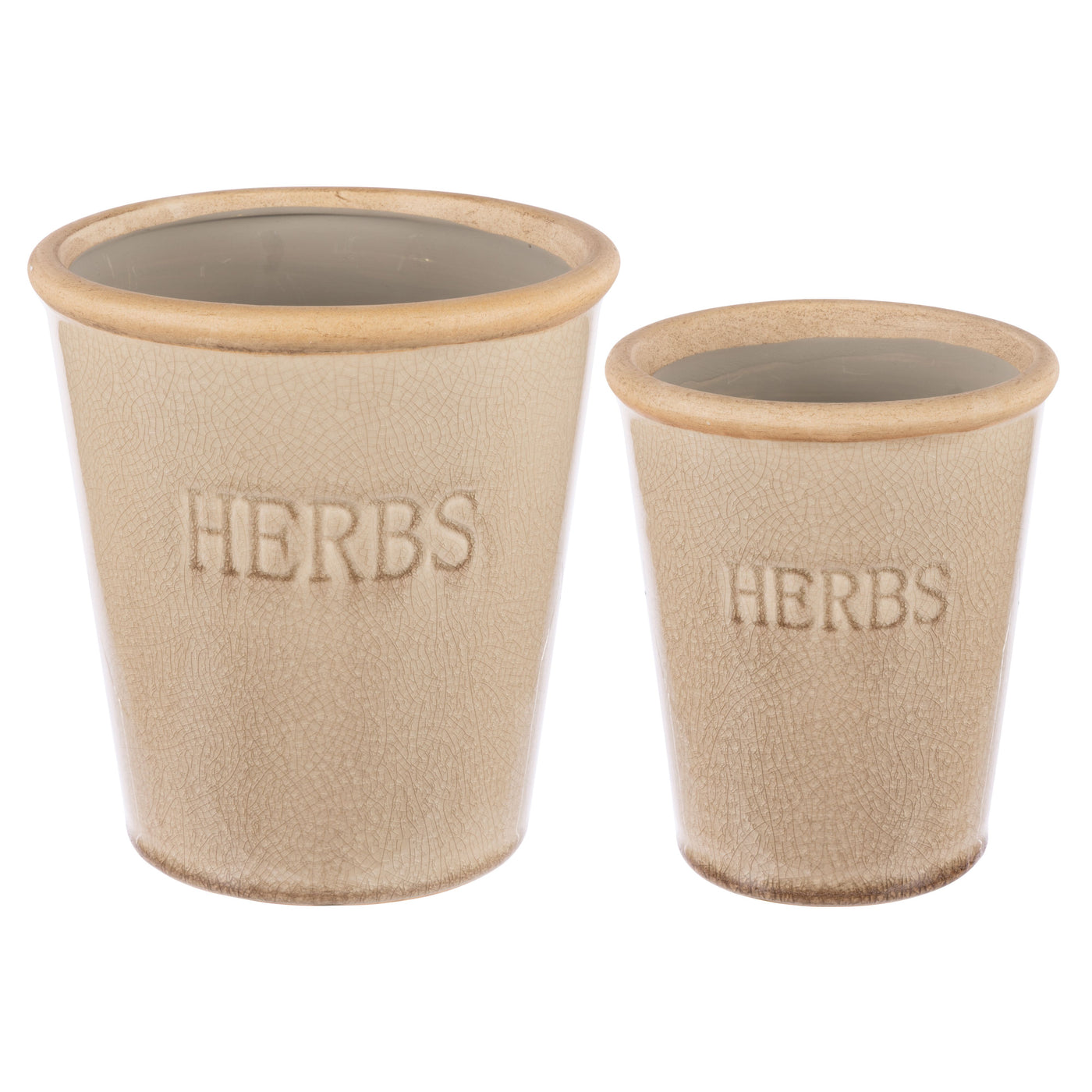 set of two brown stoneware herb pots with “HERBS” embossed on front – Provence style indoor plant pots in warm rustic glaze