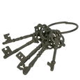 Set of five vintage-style cast iron keys on iron ring, brown patina finish