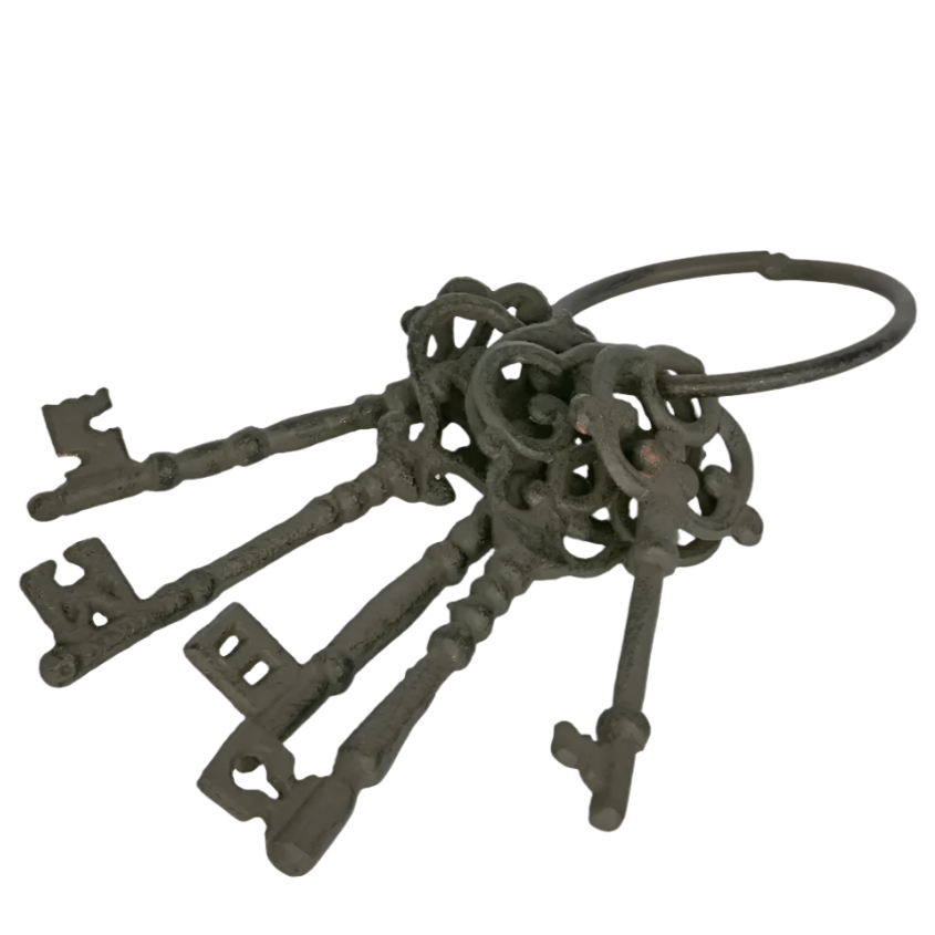 Set of five vintage-style cast iron keys on iron ring, brown patina finish