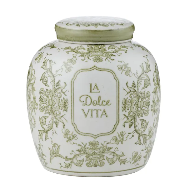 La Dolce Vita olive ceramic decorative jar with green detailing and removable lid.