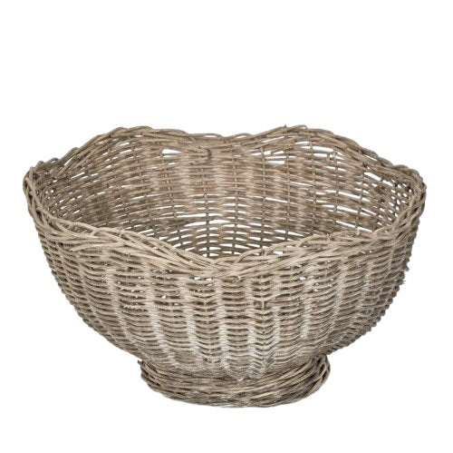 A round rattan fruit basket with a natural color, featuring a traditional weave pattern.