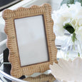 rattan wavy photo frame 4x6 inch styled on mirrored tray with coastal decor, natural woven picture frame for Hamptons style home interiors
