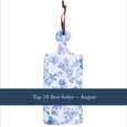 Rectangle Trivet French Country blue and white floral ceramic trivet with hanging loop with a banner saying top 10 best seller august