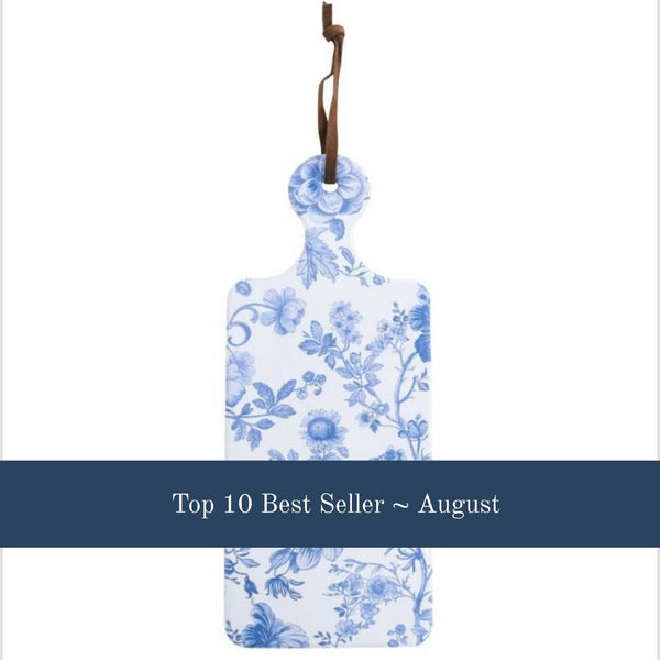 Rectangle Trivet French Country blue and white floral ceramic trivet with hanging loop with a banner saying top 10 best seller august