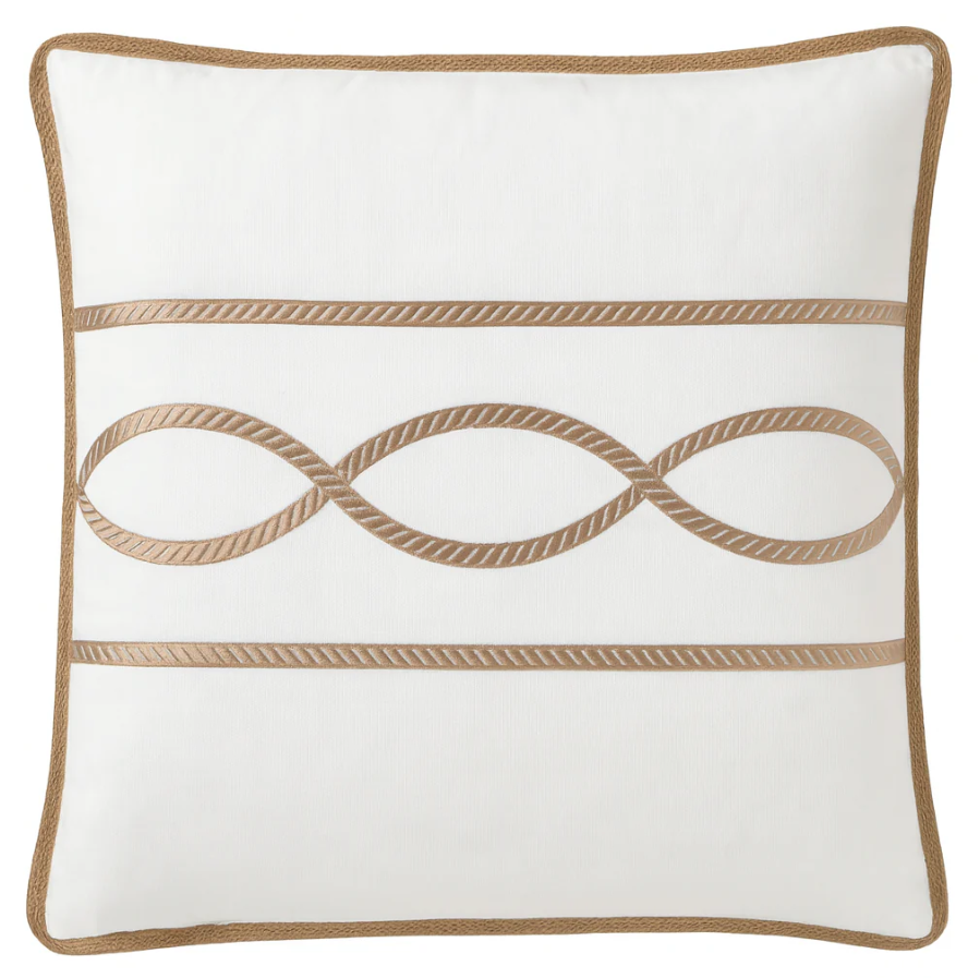 White cotton cushion with sand rope embroidery and lattice edging, Regatta Sand Cushion 50x50cm.