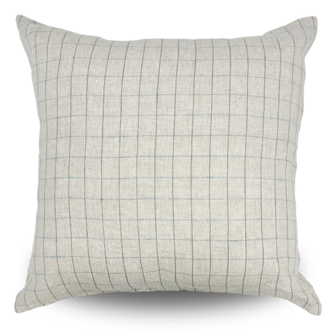 Retreat Finery cushion cover in natural linen with subtle sky blue check pattern